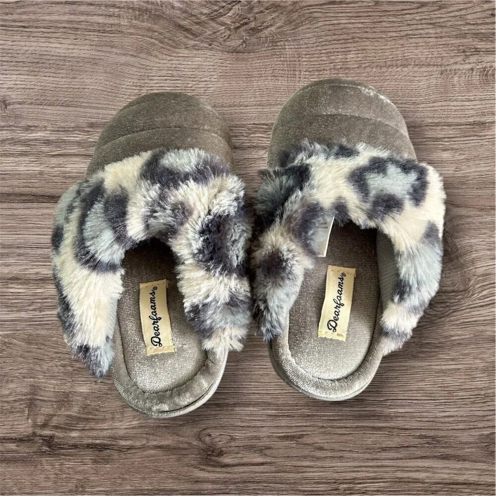 Dearfoams Kids Toddler Little Kids Gray Fuzzy‎ Cheeta Print Slippers NEW 7-8 US